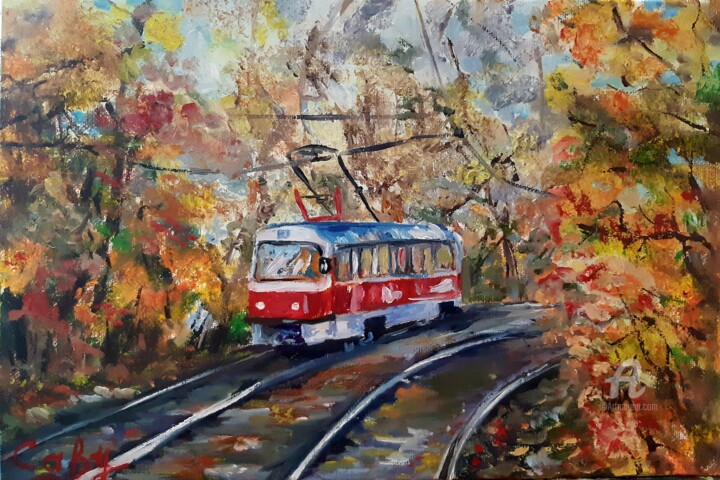 Ζωγραφική με τίτλο "tram d'automne" από Irina Caby (Bonbon.mme), Αυθεντικά έργα τέχνης, Λάδι