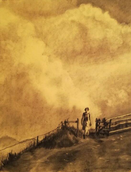 Drawing titled "Don't Turn Back" by Irina Cavat, Original Artwork, Charcoal Mounted on Other rigid panel