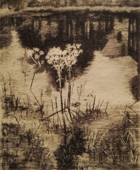 Drawing titled "Paysage 8" by Irina Cavat, Original Artwork, Charcoal Mounted on Other rigid panel