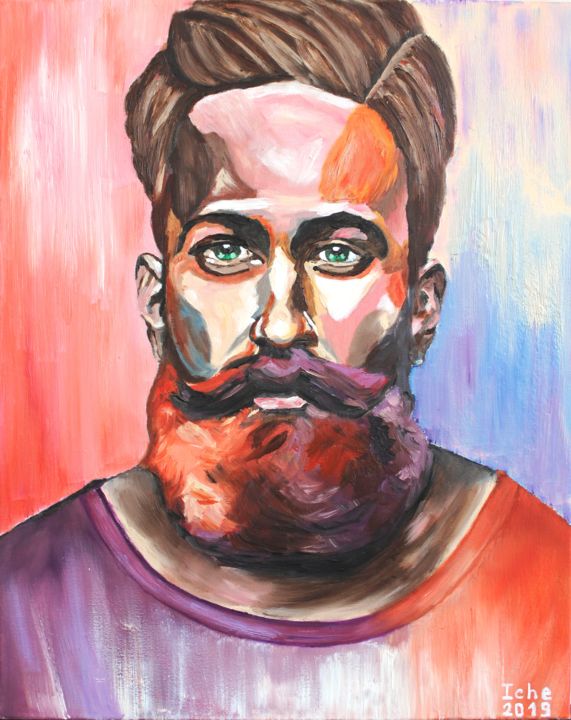 Painting titled "Hipster portrait" by Irina Chernobay, Original Artwork, Oil Mounted on Wood Stretcher frame