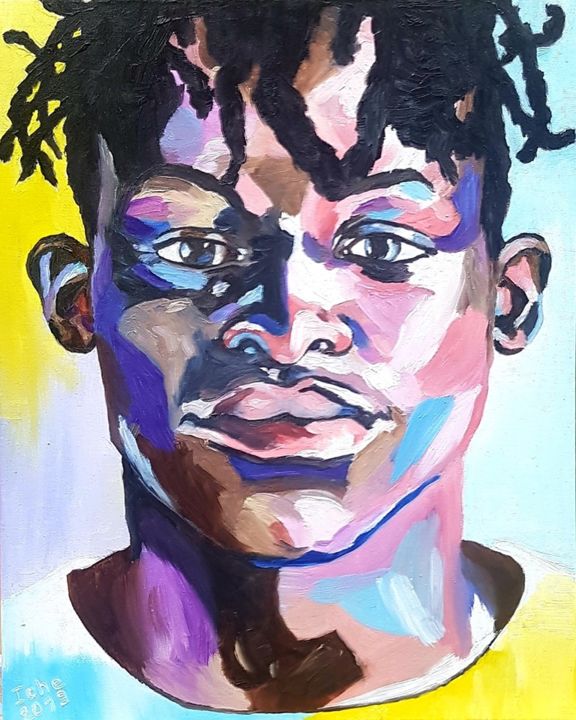 Painting titled "African guy" by Irina Chernobay, Original Artwork, Oil Mounted on Wood Stretcher frame