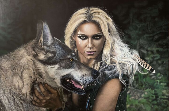 Картина под названием "Девушка и волк. На…" - Ирина Дерюгина, Подлинное произведение искусства, Акрил