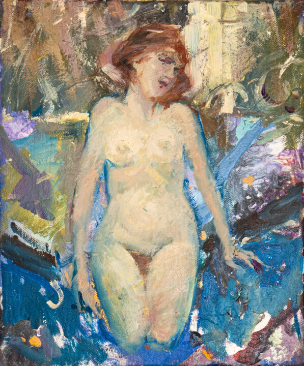 Painting titled "Девушка на синем" by Irina Gerhardt, Original Artwork, Oil
