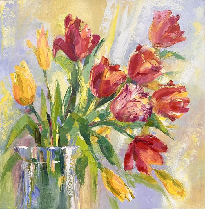 Картина под названием "Тюльпаны" - Ирина Гинтс, Подлинное произведение искусства, Масло Установлен на Деревянная рама для но…
