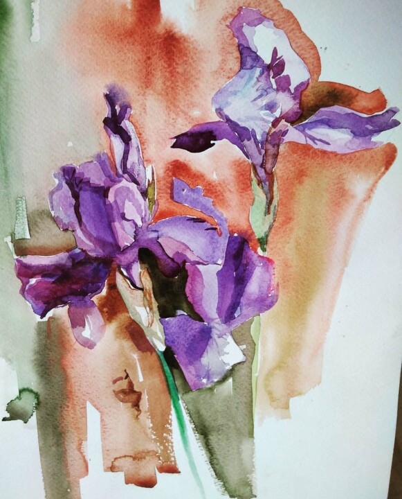 Картина под названием ""Blue iris"" - Ирина Грабор, Подлинное произведение искусства, Акварель