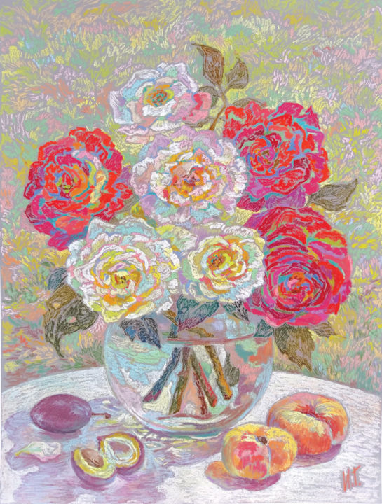 Painting titled "roses et les fruits" by Irina Grigoriev-Vaschinkina, Original Artwork, Pastel