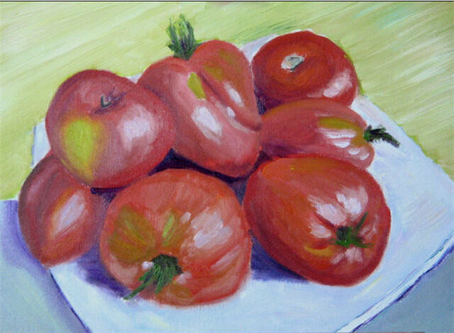 Painting titled "Tomatos and Somethi…" by Irina Gvozdetskaya, Original Artwork, Oil