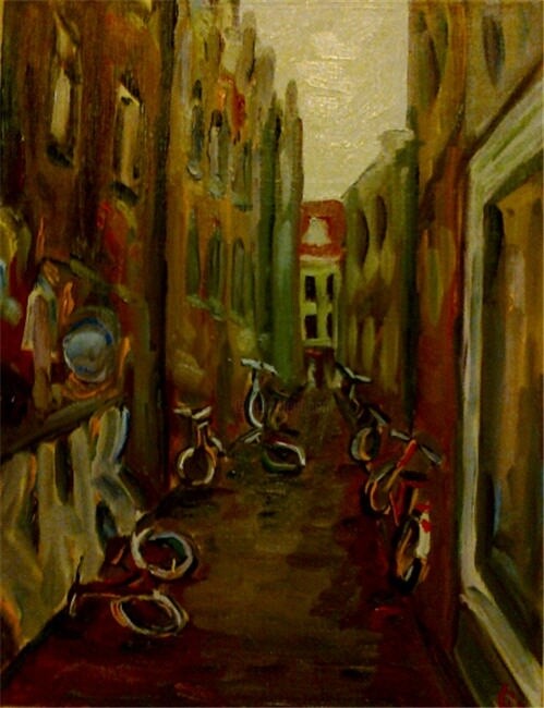 Painting titled "Amsterdam Rain" by Irina Gvozdetskaya, Original Artwork, Oil
