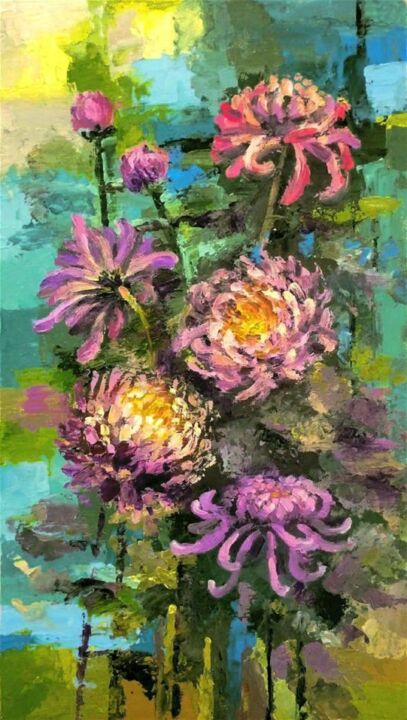 Картина под названием "Хризантемы" - Ирина Жигалова, Подлинное произведение искусства, Масло Установлен на Другая жесткая па…