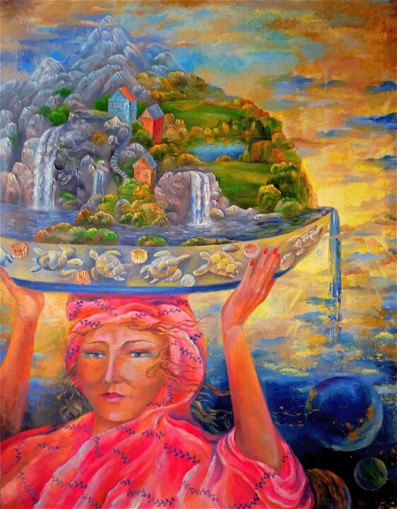 Painting titled "Женщина, несущая мир" by Irina Zhigalova, Original Artwork, Oil Mounted on Wood Stretcher frame