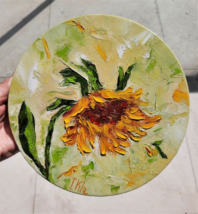 Sunflower, Oil Painting On Round Canvas, Painting by Iryna Khmelevska