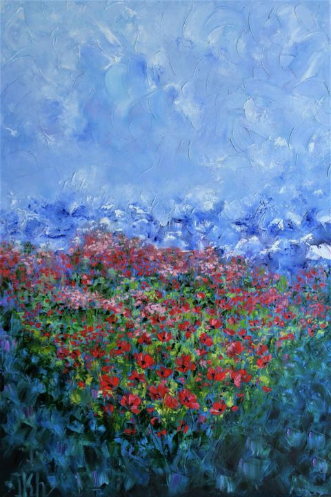 Painting titled "Poppies field paint…" by Iryna Khmelevska, Original Artwork, Oil Mounted on Wood Stretcher frame