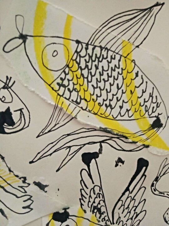 Картина под названием "Рыба" - Irina Kromm, Подлинное произведение искусства, Чернила Установлен на Деревянная панель
