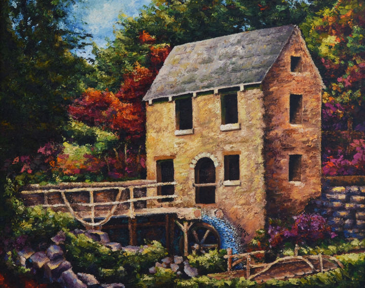 Painting titled "The Water Mill" by Irina Laskin, Original Artwork, Oil