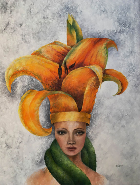 Peinture intitulée "Golden lily" par Irina Laskin, Œuvre d'art originale, Huile