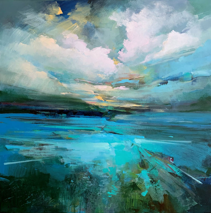 Malarstwo zatytułowany „Clouds over the lake” autorstwa Irina Laube, Oryginalna praca, Akryl
