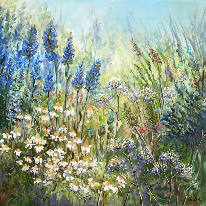 Картина под названием "Flowers meadow" - Irina Laube, Подлинное произведение искусства, Акрил