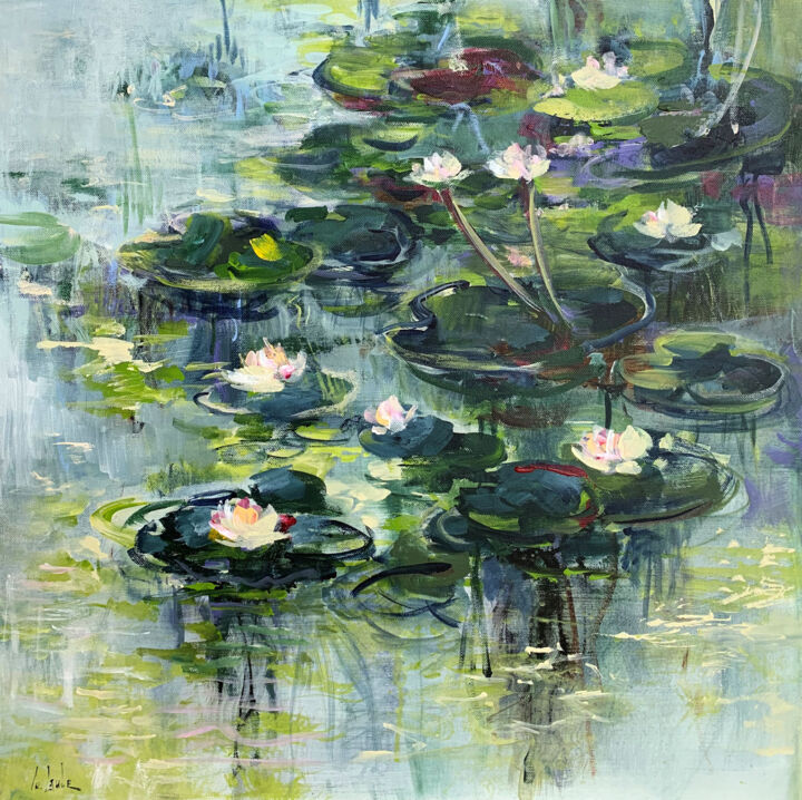 Painting titled "The water lily pond…" by Irina Laube, Original Artwork, Acrylic
