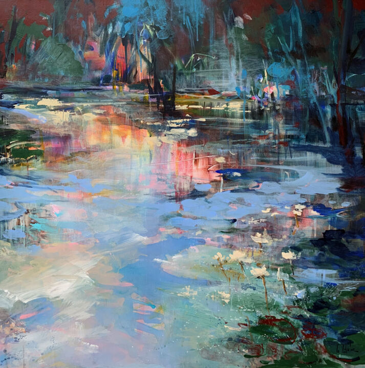 Malerei mit dem Titel "Evening at the pond" von Irina Laube, Original-Kunstwerk, Acryl