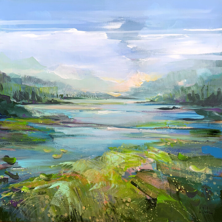 Malerei mit dem Titel "Summer at the lake" von Irina Laube, Original-Kunstwerk, Acryl