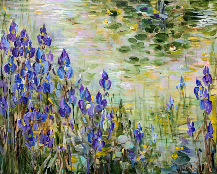 Malerei mit dem Titel "Blue irises at the…" von Irina Laube, Original-Kunstwerk, Acryl
