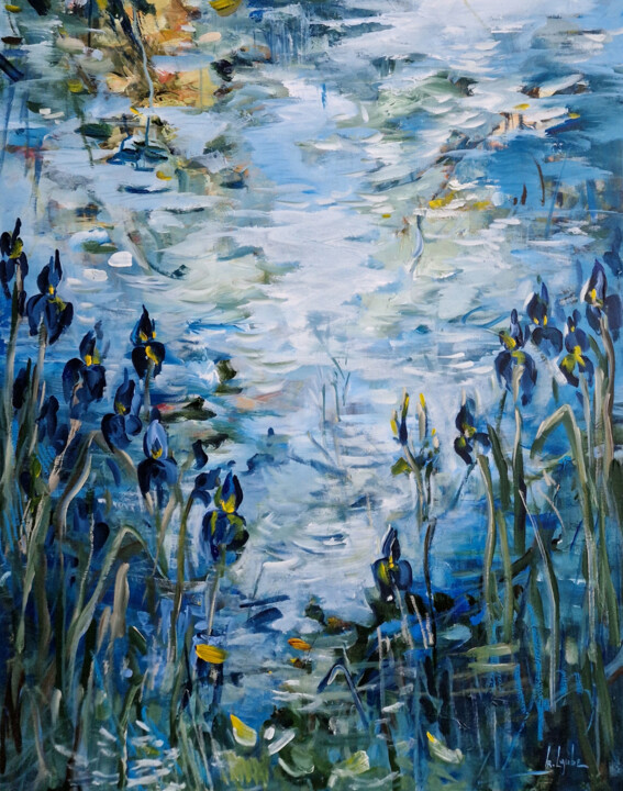Painting titled "Blue irises at the…" by Irina Laube, Original Artwork, Acrylic