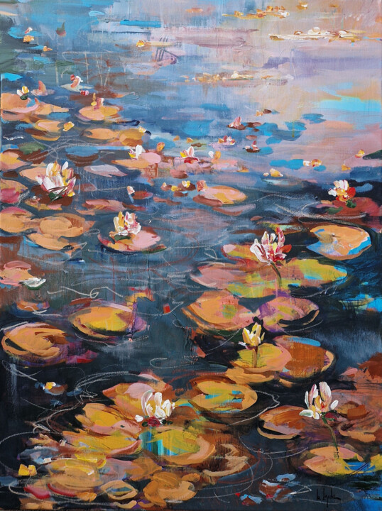 Painting titled "Bloomimn pond" by Irina Laube, Original Artwork, Acrylic