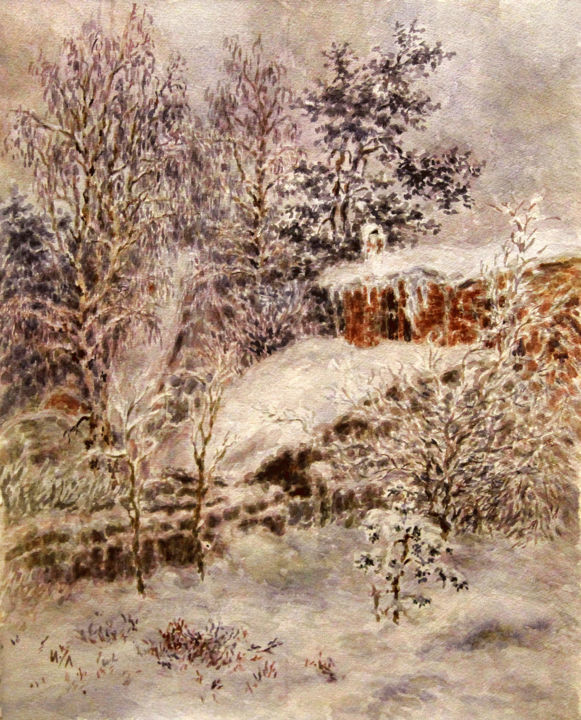 Painting titled "Snowy winter" by Irina Lomanova, Original Artwork, Watercolor