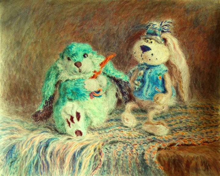 Painting titled "Rabbit brothers" by Irina Lomanova, Original Artwork, Watercolor