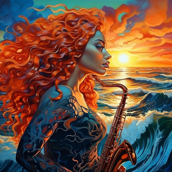 Digital Arts titled "Woman with a saxoph…" by Irina Minevich, Original Artwork, Acrylic