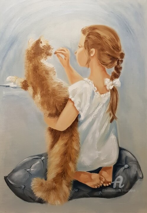 Картина под названием "Girl with a red cat." - Irina Oleynik, Подлинное произведение искусства, Масло