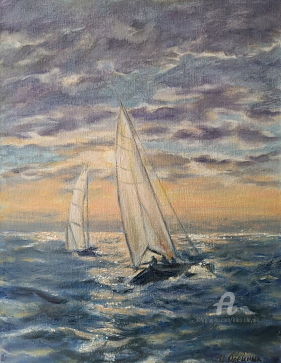 Painting titled "Sunset yacht painti…" by Irina Oleynik, Original Artwork, Oil