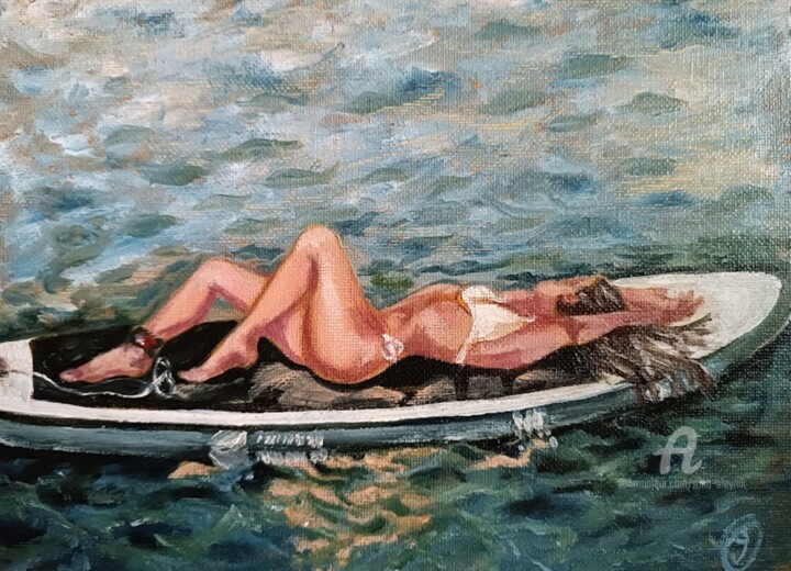 Картина под названием "Girl in a boat Pain…" - Irina Oleynik, Подлинное произведение искусства, Масло