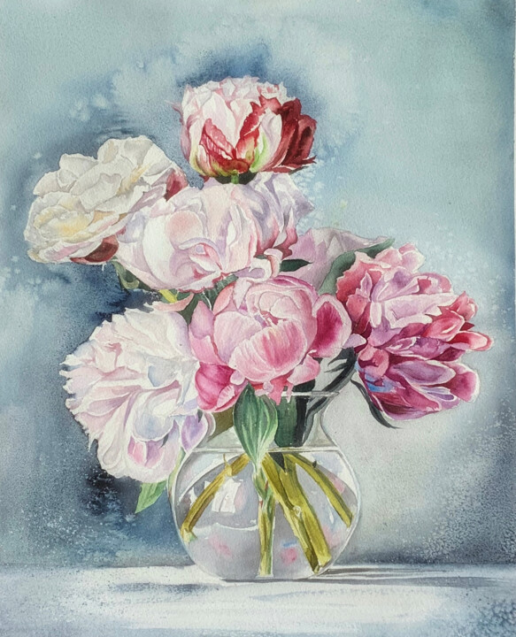 Картина под названием "Pink and white" - Irina Ponna, Подлинное произведение искусства, Акварель