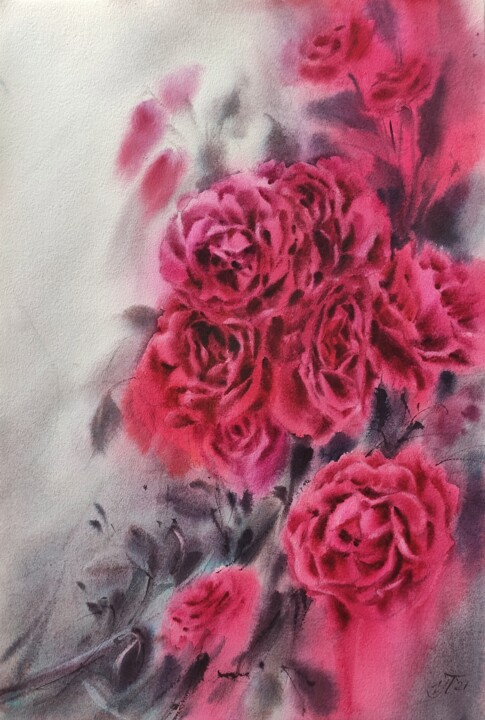 Картина под названием "Painting with roses…" - Irina Pronina, Подлинное произведение искусства, Акварель