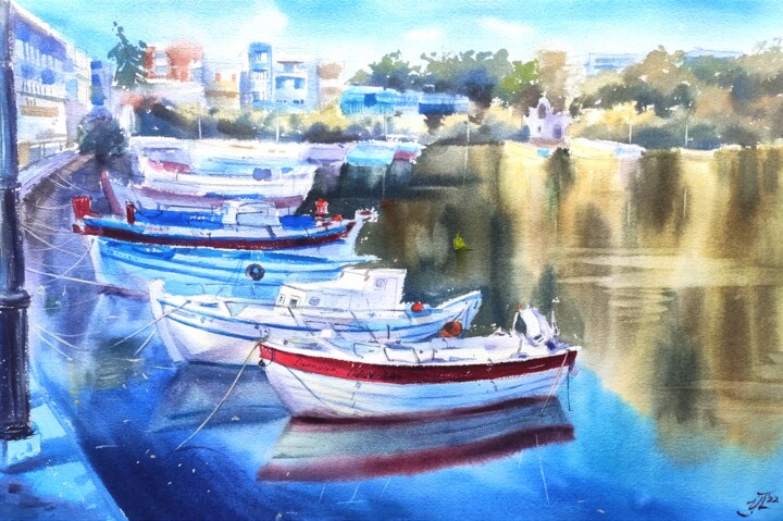 Ζωγραφική με τίτλο "Boats at the shore.…" από Irina Pronina, Αυθεντικά έργα τέχνης, Ακουαρέλα
