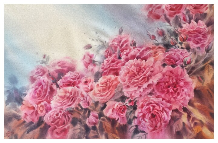 Pittura intitolato "Flowers Coral roses…" da Irina Pronina, Opera d'arte originale, Acquarello