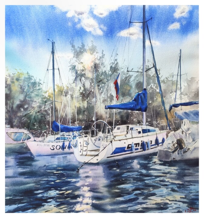 Painting titled "Boats at the sea Wa…" by Irina Pronina, Original Artwork, Watercolor