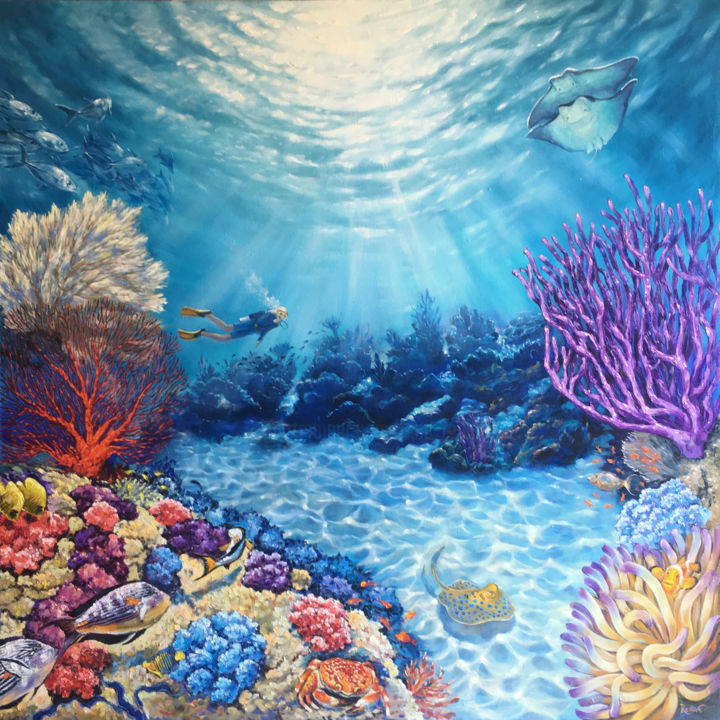 Painting titled "Kingdom Of Neptune.…" by Irina Redine, Original Art, Oil Mounted on Stretcher frame