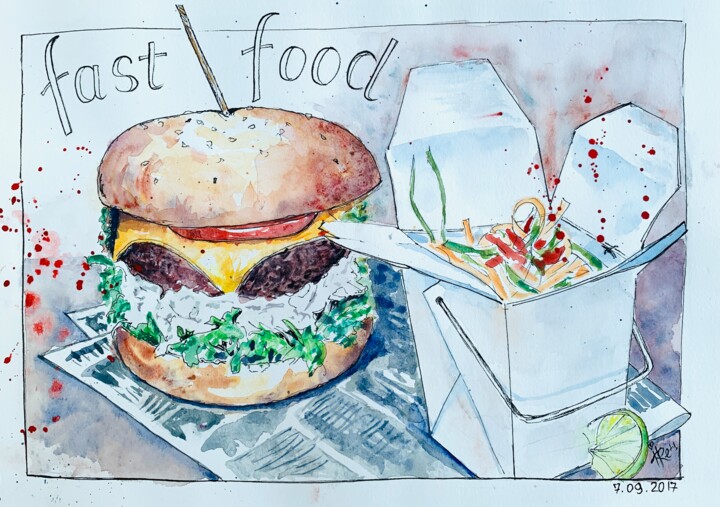Drawing titled "Tasty food (DHL exp…" by Irina Rets, Original Artwork, Watercolor