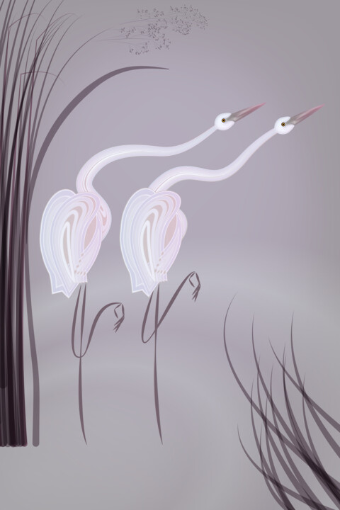 Digitale Kunst getiteld "Two curious herons" door Irina Ryzkova (Ira Go), Origineel Kunstwerk, 2D Digital Work