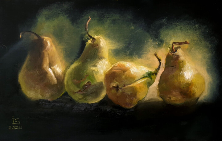 Malerei mit dem Titel "Smoking peaches" von Irina Sergeyeva, Original-Kunstwerk, Öl Auf Karton montiert