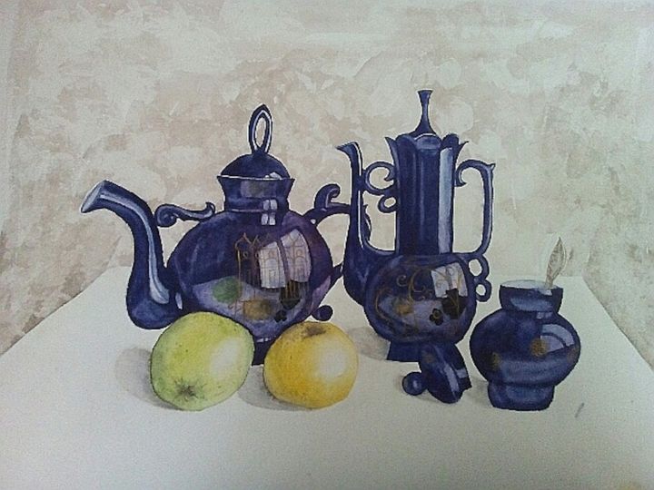 Painting titled "Tea, Coffee, Apples" by Irina Shu, Original Artwork, Watercolor