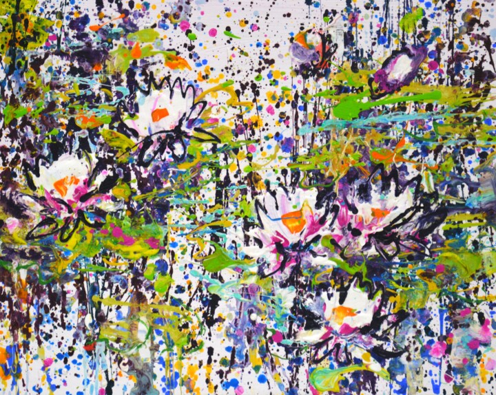 Painting titled "Water Lilies 3." by Irina Sidorovich, Original Artwork, Acrylic Mounted on Cardboard