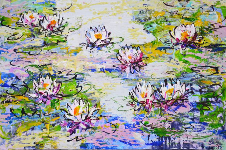 Painting titled "Water lilies" by Irina Sidorovich, Original Artwork, Acrylic Mounted on Cardboard