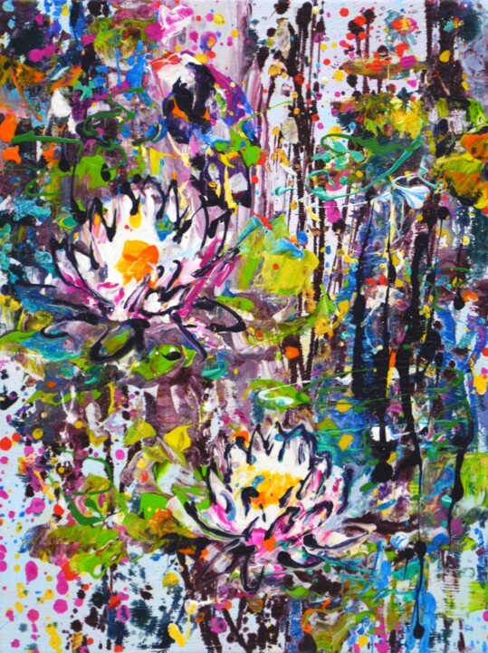 Painting titled "Water Lilies 4" by Irina Sidorovich, Original Artwork, Acrylic Mounted on Wood Stretcher frame
