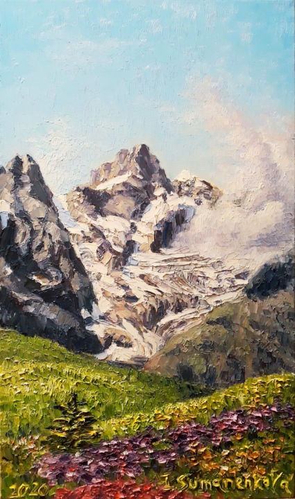 Painting titled "Ecrins park beauty" by Irina Sumanenkova, Original Artwork, Oil Mounted on Wood Stretcher frame