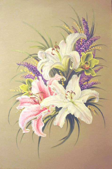 Картина под названием "Lilies and orchids.…" - Irina Sumanenkova, Подлинное произведение искусства, Масло Установлен на Подр…