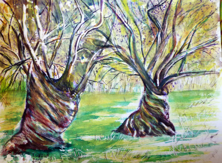 Painting titled "Olivenbäume" by Irina Usova, Original Artwork, Watercolor