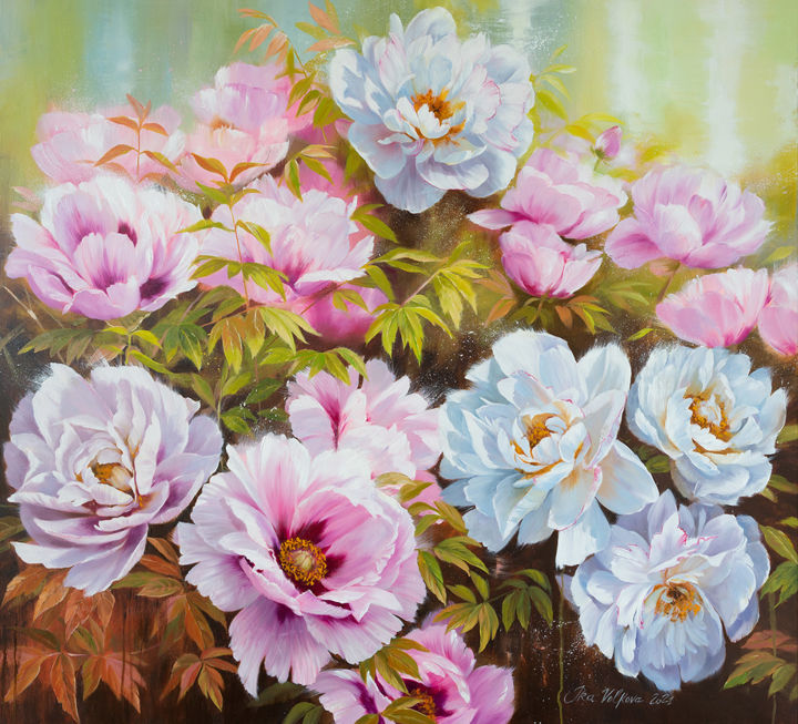 Картина под названием "Peonyssimo. Opus 5." - Ira Volkova, Подлинное произведение искусства, Масло